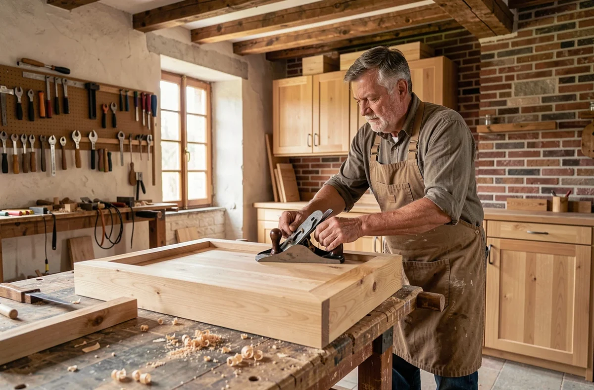 Menuisier cuisiniste de la SARL Garot rabot en main dans son atelier de menuiserie en Haute-Vienne
