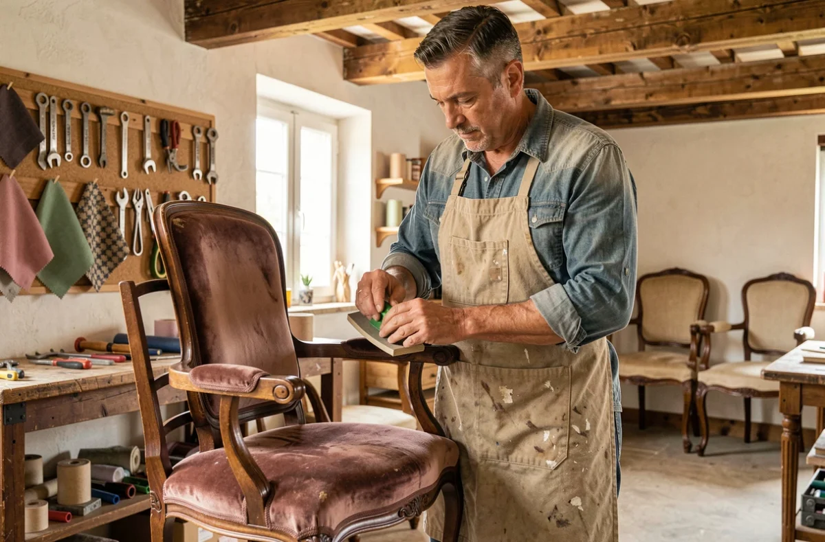Artisan de Sauvons les Meubles restaurant un fauteuil vintage dans son atelier à Mauguio