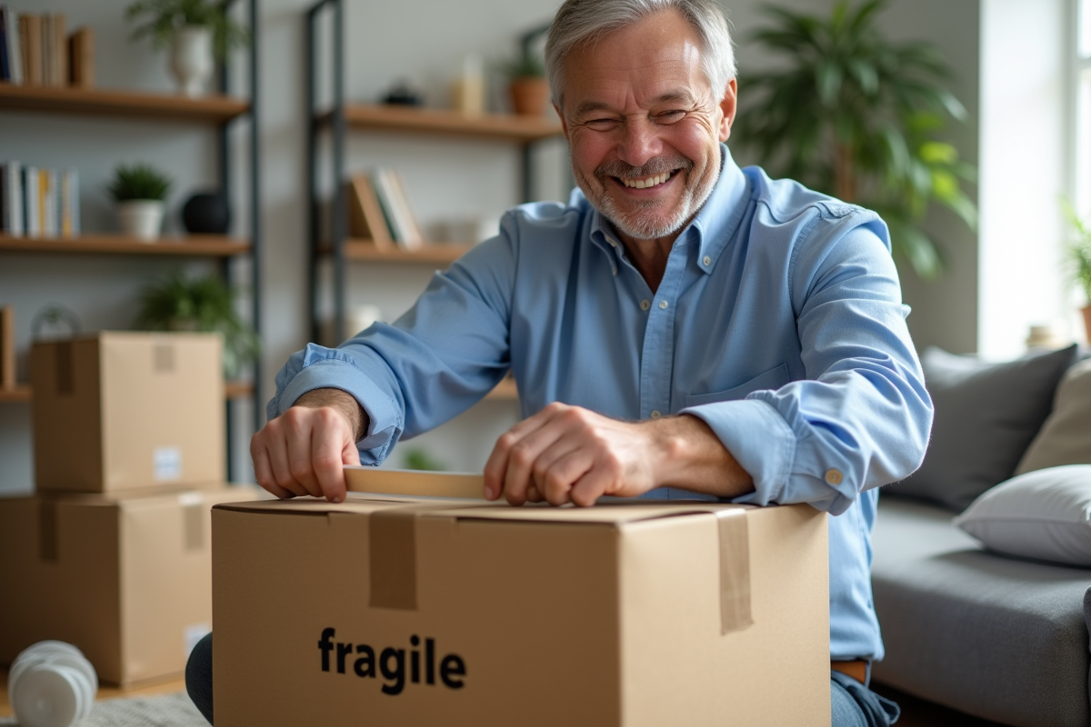 Homme scellant un colis fragile avec du ruban adhésif