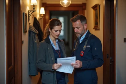 Serrurier et cliente dans un hall parisien examinent un devis