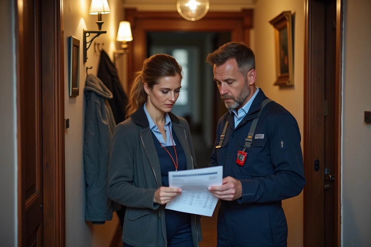 Serrurier et cliente dans un hall parisien examinent un devis