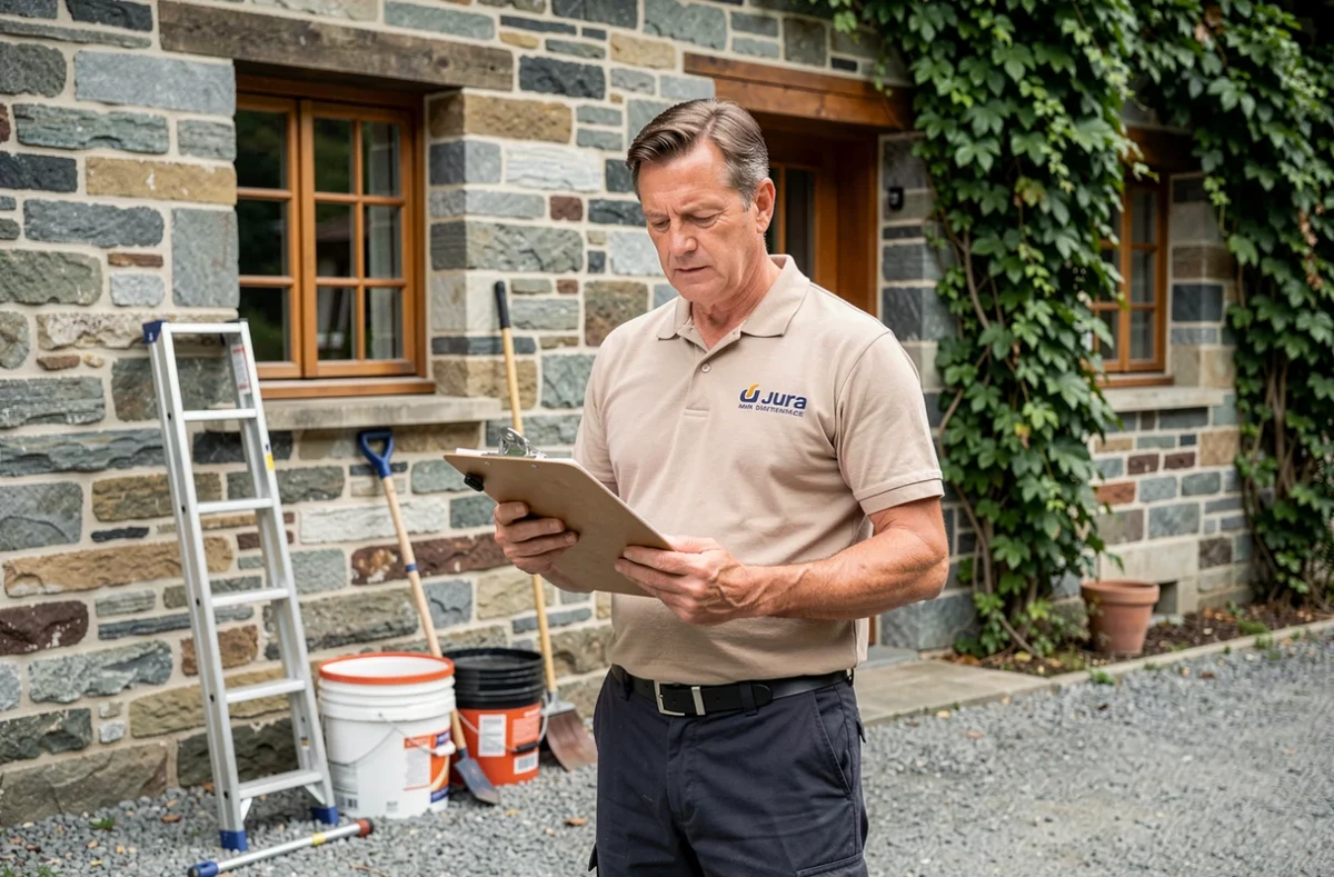 Professionnel multi-services habitat devant une maison en pierre du Jura avec presse-papiers, Services Habitat Daniel Gilles