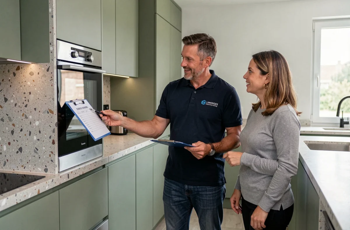 Technicien de Rapp Ser effectuant une vérification post-installation avec des clients dans une cuisine à Limoges