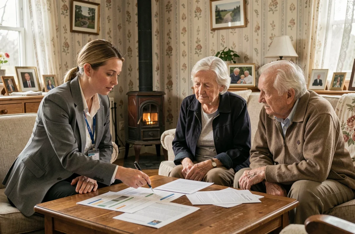 Conseillère SOLIHA Jura accompagnant un couple de seniors pour leur dossier de rénovation de l'habitat à domicile