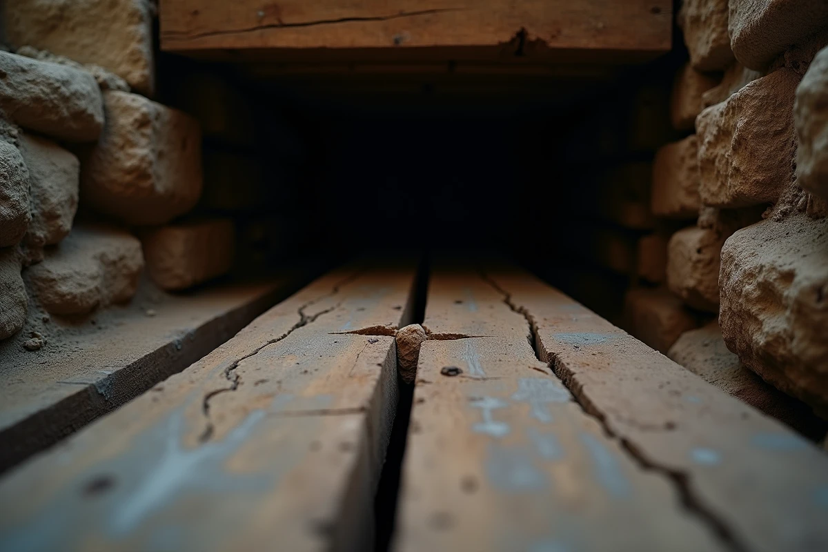 Solive en bois fléchie et abîmée sous le poids d'un radiateur en fonte, vue depuis le vide sanitaire