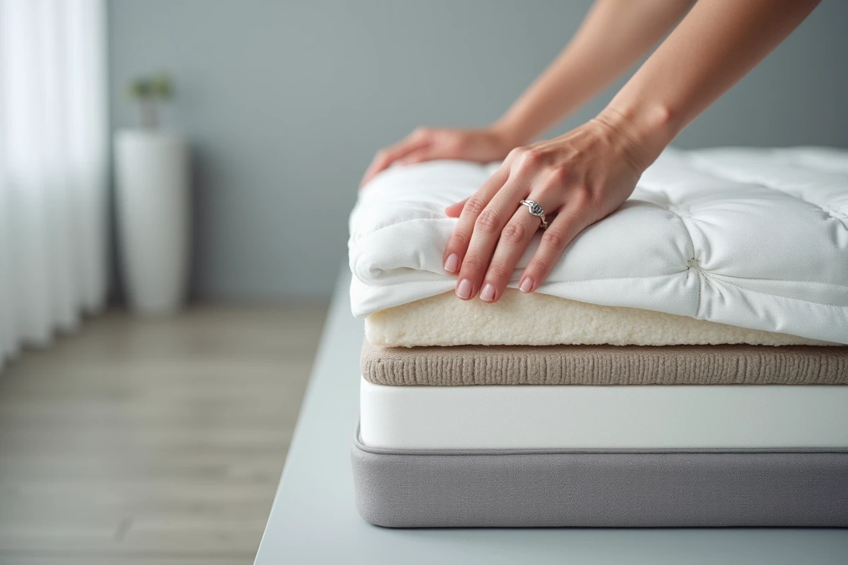 Détail de la coupe transversale d'un matelas Duvivier révélant les couches internes de mousse et de ressorts