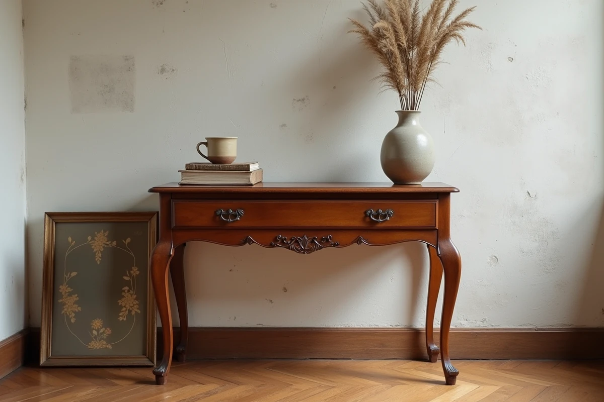 Table ancienne en bois restaurée dans un intérieur minimaliste avec parquet ancien