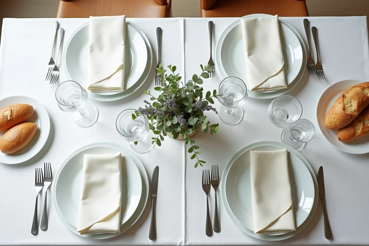Vue aérienne d'une table familiale dressée avec verres, assiettes et couverts selon les règles de l'étiquette française