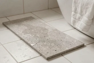 Tapis de bain en diatomite gris clair posé sur un carrelage blanc avec gouttes d'eau visibles sur sa surface poreuse