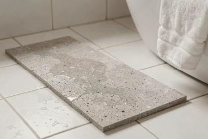 Tapis de bain en diatomite gris clair posé sur un carrelage blanc avec gouttes d'eau visibles sur sa surface poreuse