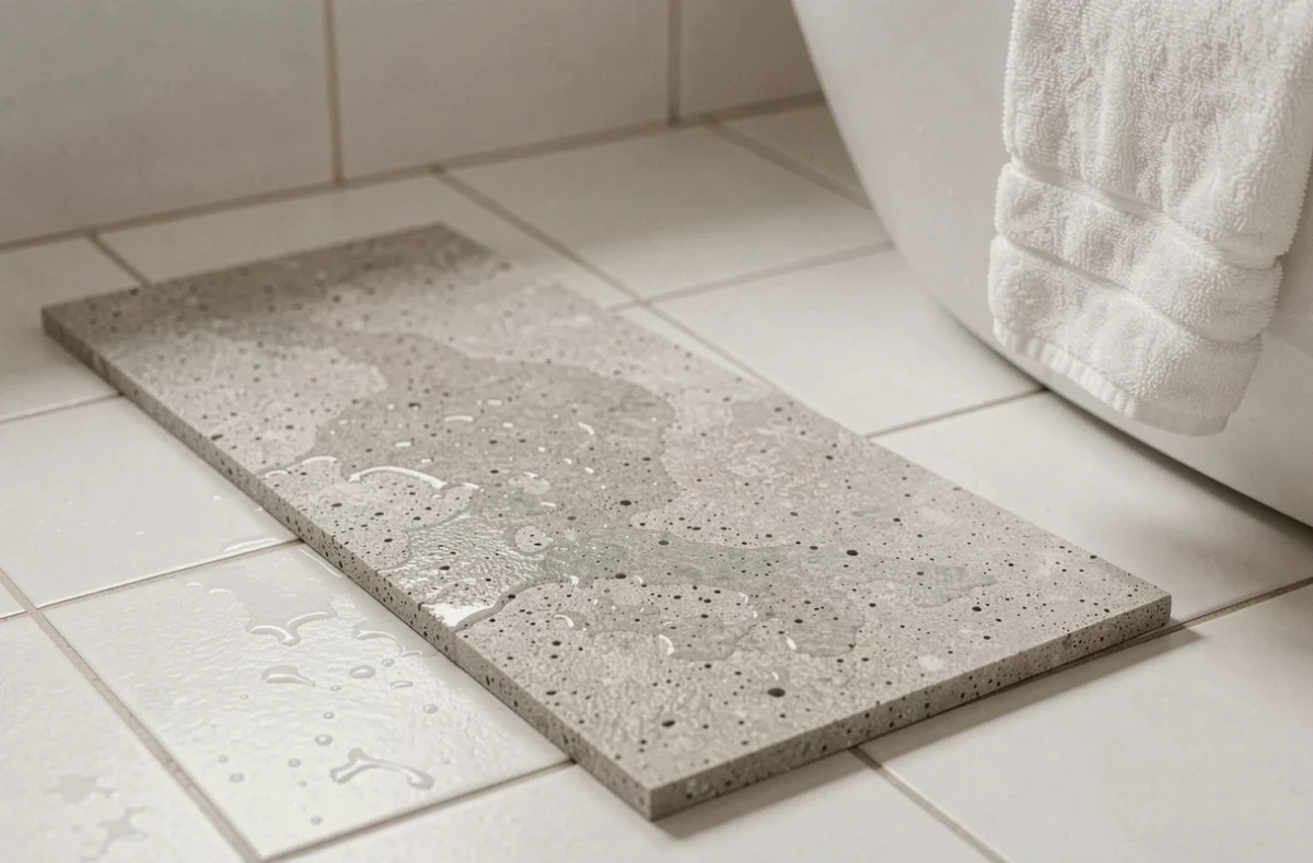 Tapis de bain en diatomite gris clair posé sur un carrelage blanc avec gouttes d'eau visibles sur sa surface poreuse