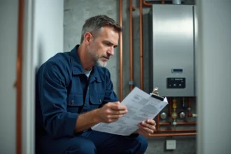 Technicien de chauffage inspectant une chaudière électrique murale dans une chaufferie résidentielle