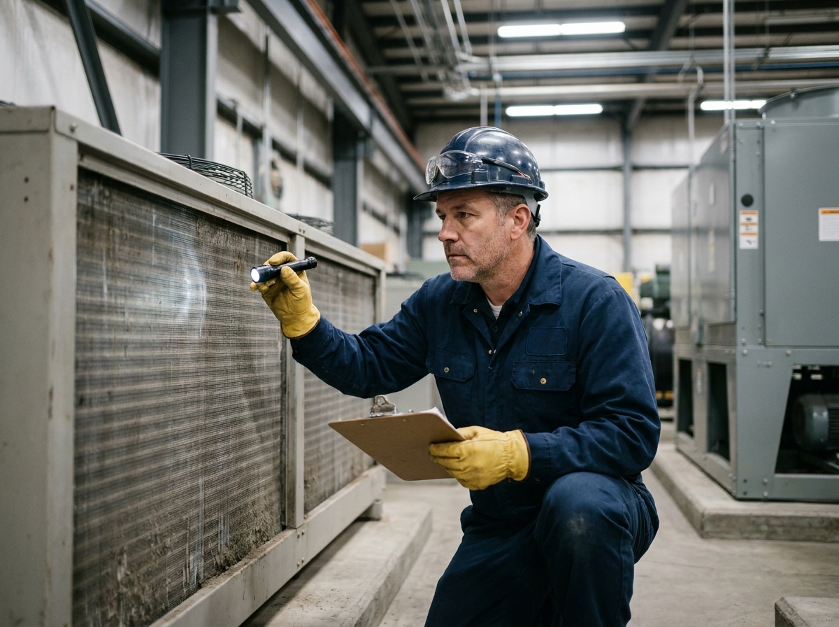 Technicien de maintenance en combinaison de travail inspectant les ailettes d'un dry cooler industriel à l'intérieur d'un site de production