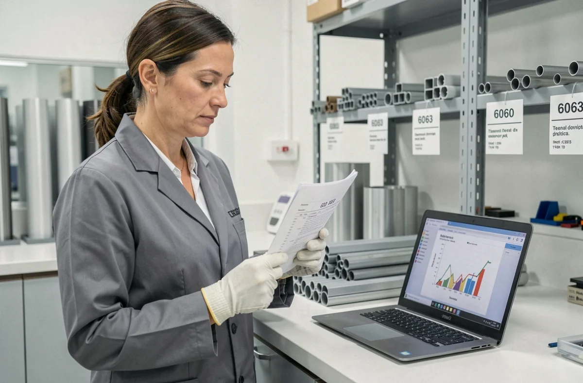 Technicienne en métallurgie vérifiant les spécifications d'alliage de tubes en aluminium dans un laboratoire technique