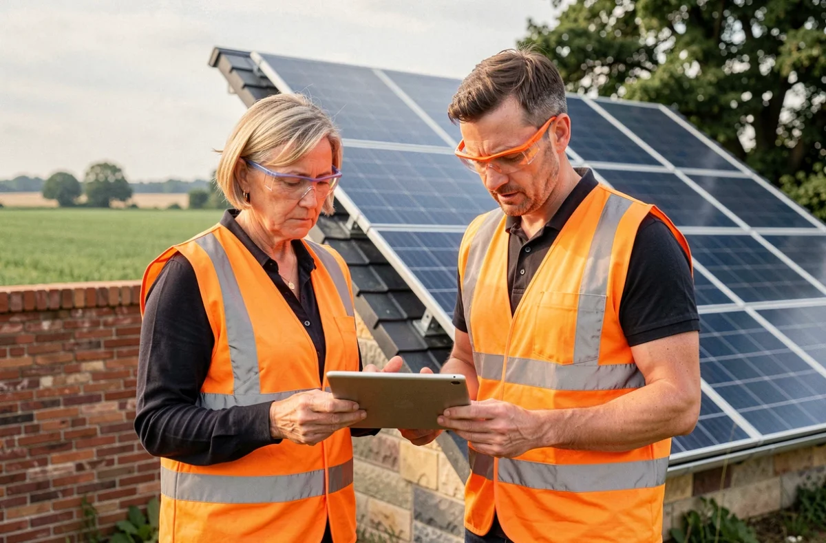 Deux techniciens en énergie solaire consultant des plans d'installation devant des panneaux photovoltaïques en milieu rural dans les Hauts-de-France