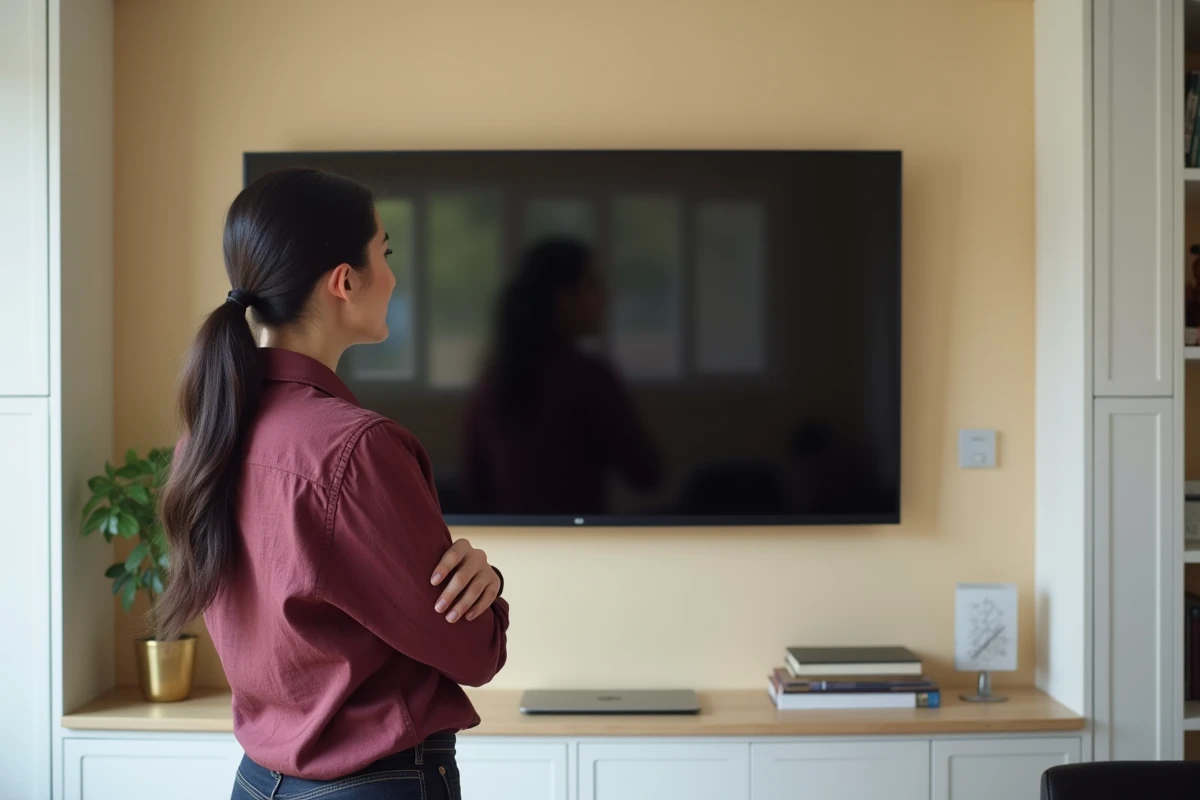 Femme vérifiant l'installation d'un téléviseur fixé sur cloison en placo dans un bureau à domicile moderne