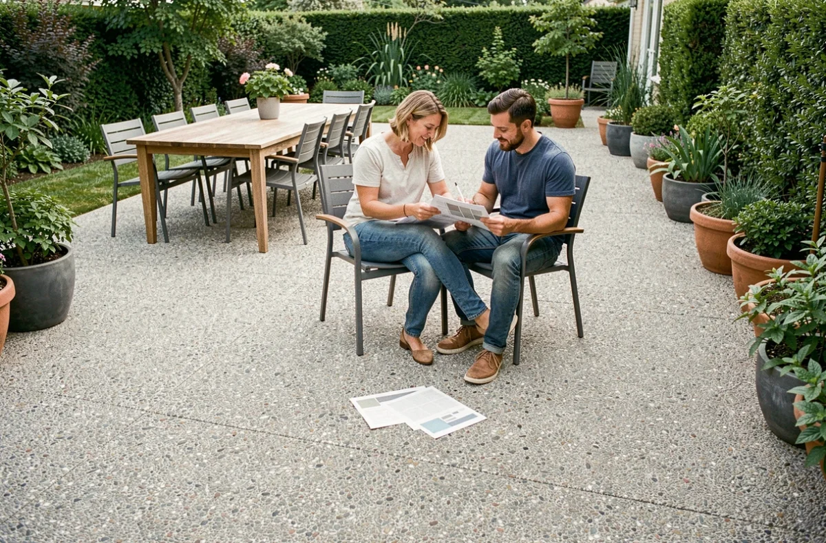 Terrasse en béton désactivé gris avec mobilier de jardin et couple consultant un devis de rénovation extérieure