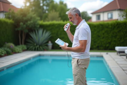 Homme testant l'eau de la piscine avec un kit de test