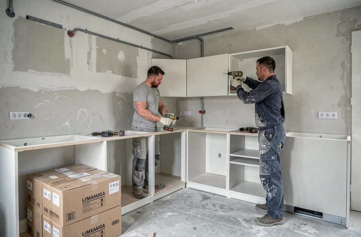 Équipe de Top Eko Bat en train d'installer une nouvelle cuisine lors d'une rénovation à Limoges