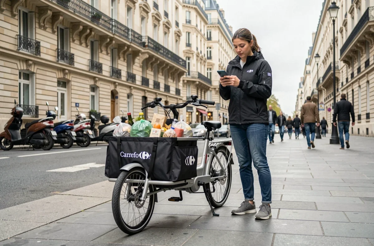 Coursière Carrefour avec un vélo cargo électrique en livraison express de courses dans une rue parisienne