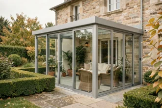Véranda en verre et aluminium adossée à une maison en pierre vue depuis le jardin, avec mobilier en rotin visible à l'intérieur