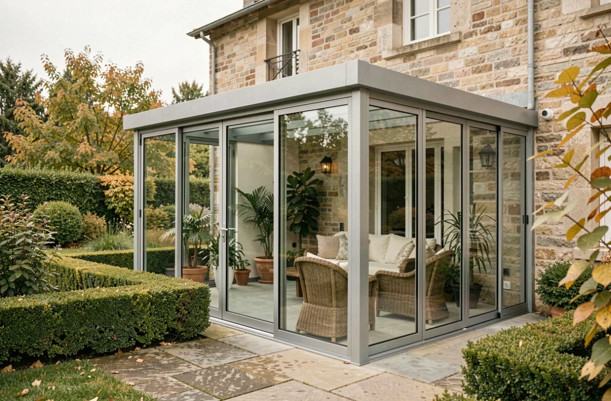 Véranda en verre et aluminium adossée à une maison en pierre vue depuis le jardin, avec mobilier en rotin visible à l'intérieur