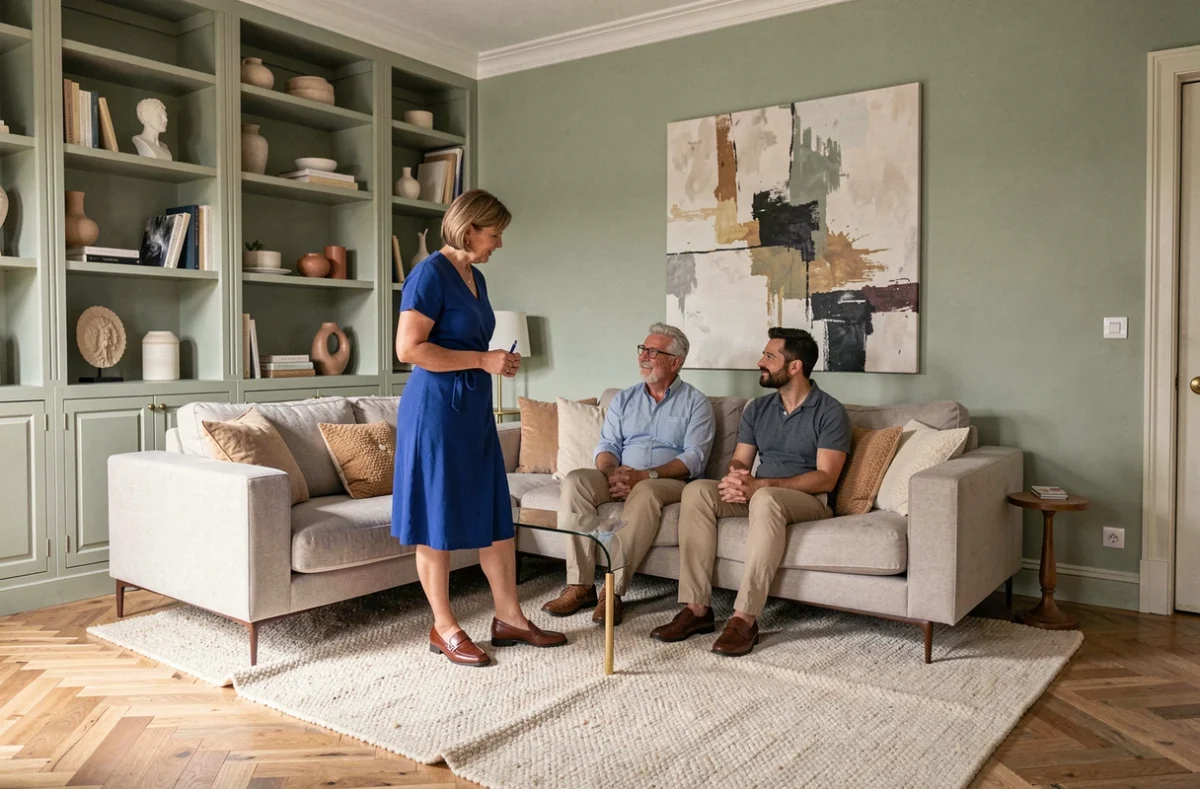 Véronique Tafoiry-Dauré en consultation avec des clients dans un salon décoré à Béziers