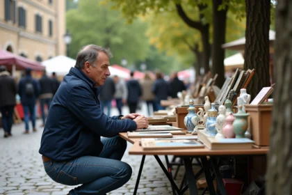 Homme d'âge moyen au marché aux puces avec livres et figurines