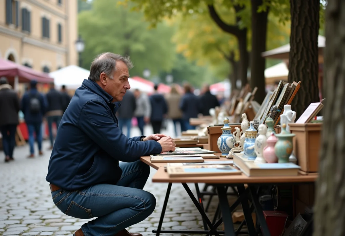 Homme d'âge moyen au marché aux puces avec livres et figurines